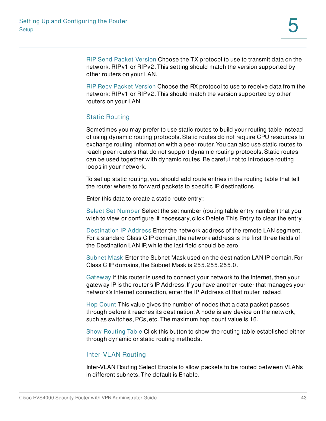 Cisco Systems RVS4000RF manual Static Routing, Inter-VLAN Routing 