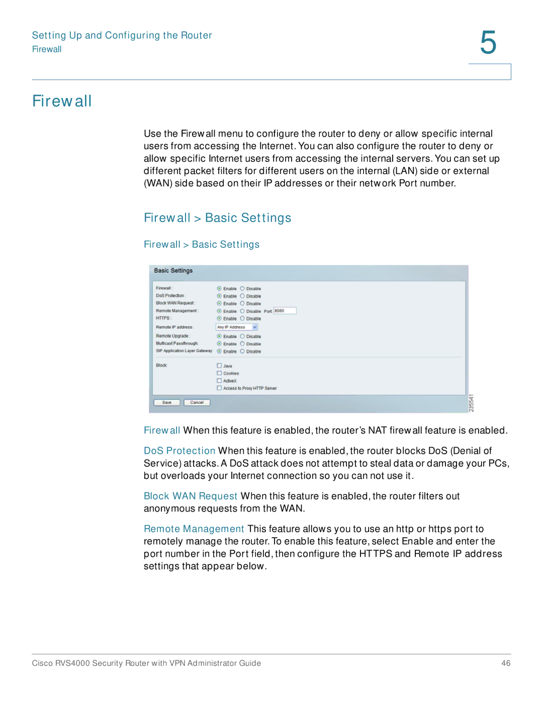 Cisco Systems RVS4000RF manual Firewall Basic Settings 