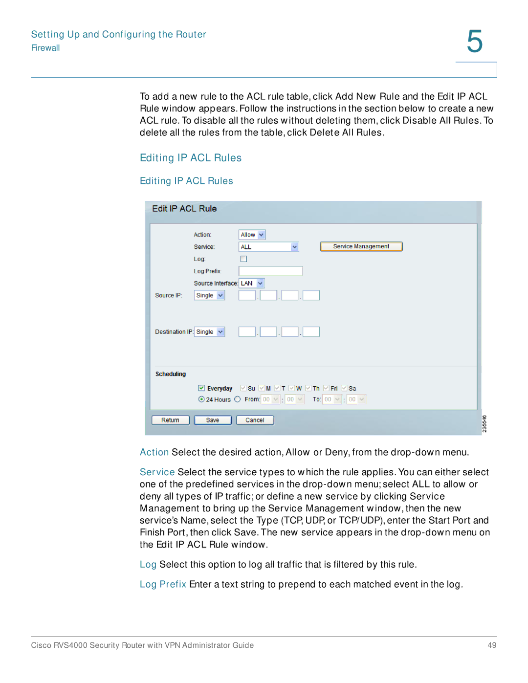 Cisco Systems RVS4000RF manual Editing IP ACL Rules 