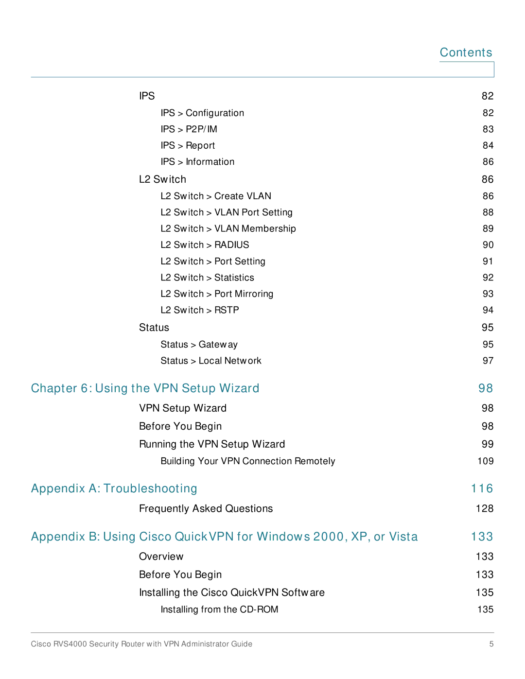 Cisco Systems RVS4000RF manual Using the VPN Setup Wizard, Appendix a Troubleshooting 116 