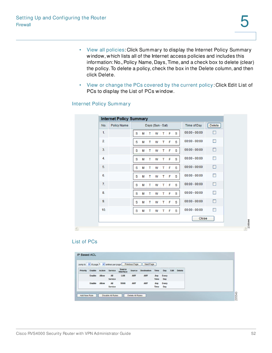 Cisco Systems RVS4000RF manual Internet Policy Summary List of PCs 