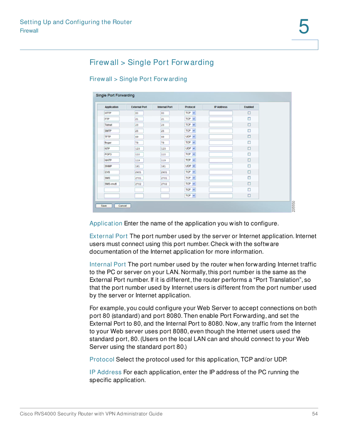 Cisco Systems RVS4000RF manual Firewall Single Port Forwarding 