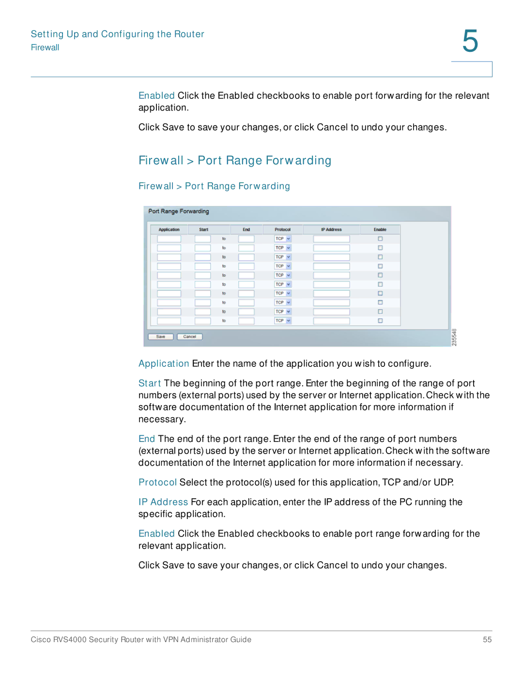 Cisco Systems RVS4000RF manual Firewall Port Range Forwarding 