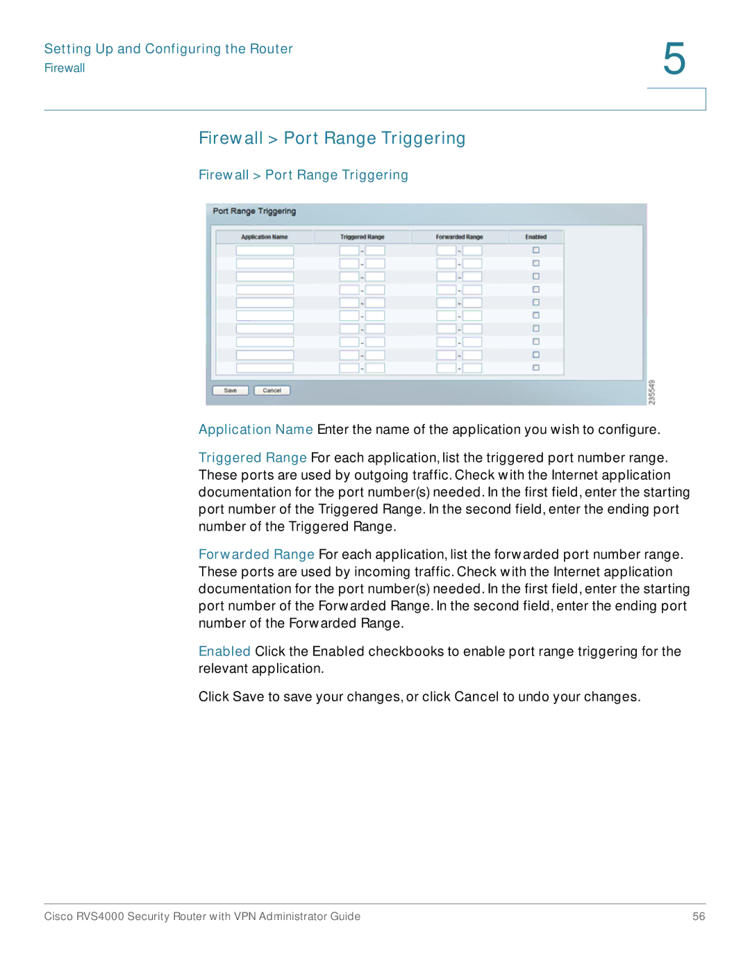 Cisco Systems RVS4000RF manual Firewall Port Range Triggering 