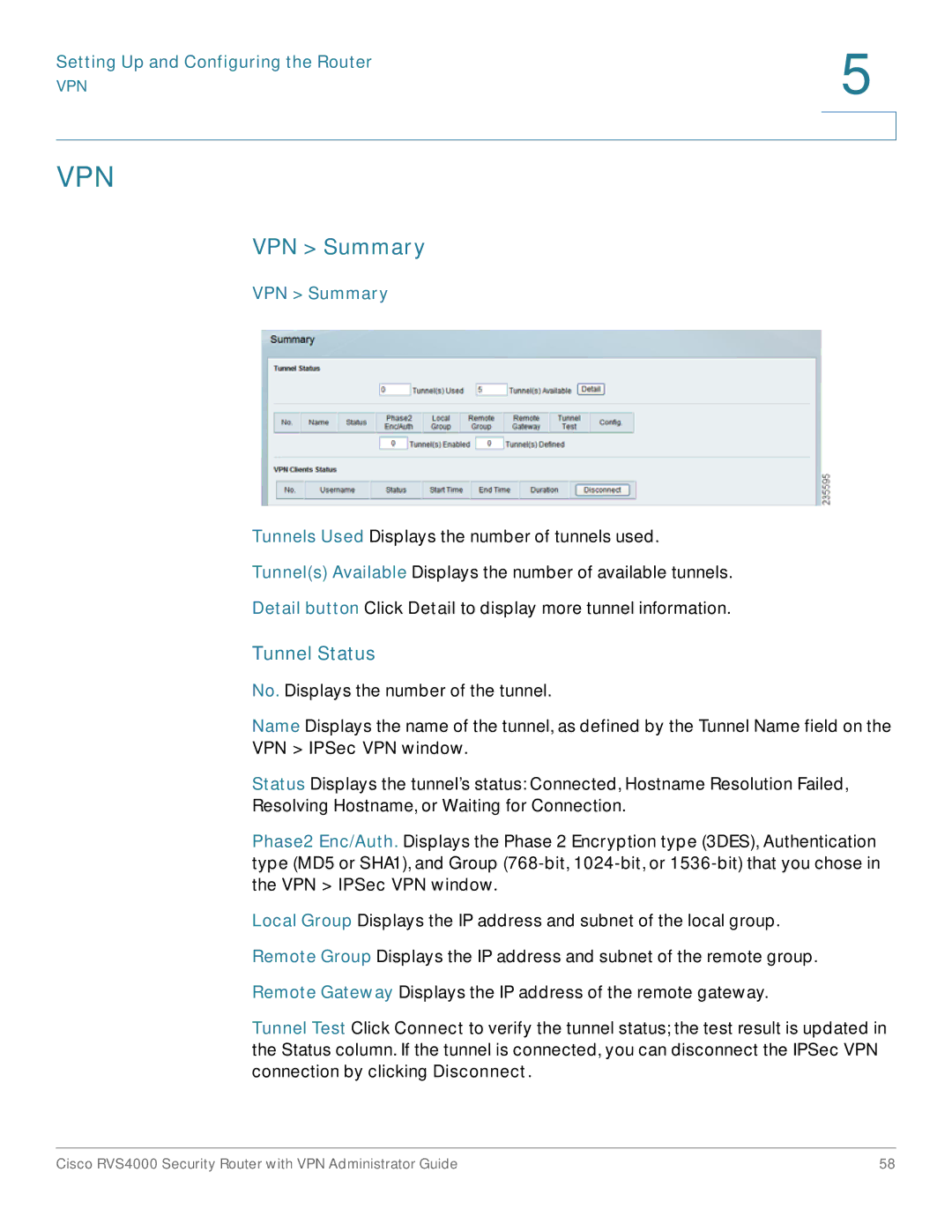 Cisco Systems RVS4000RF manual VPN Summary, Tunnel Status 