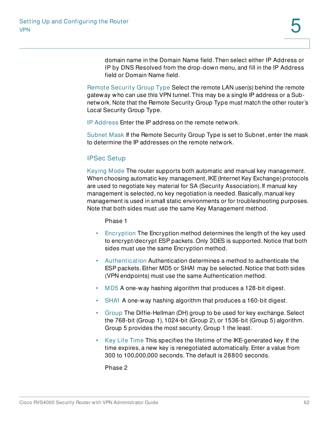 Cisco Systems RVS4000RF manual IPSec Setup, Phase 