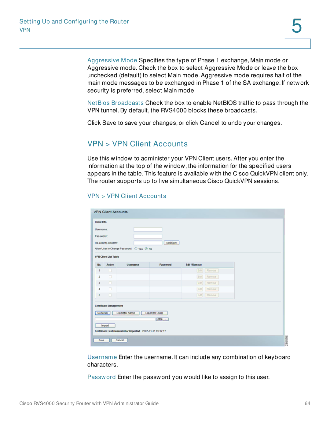 Cisco Systems RVS4000RF manual VPN VPN Client Accounts 