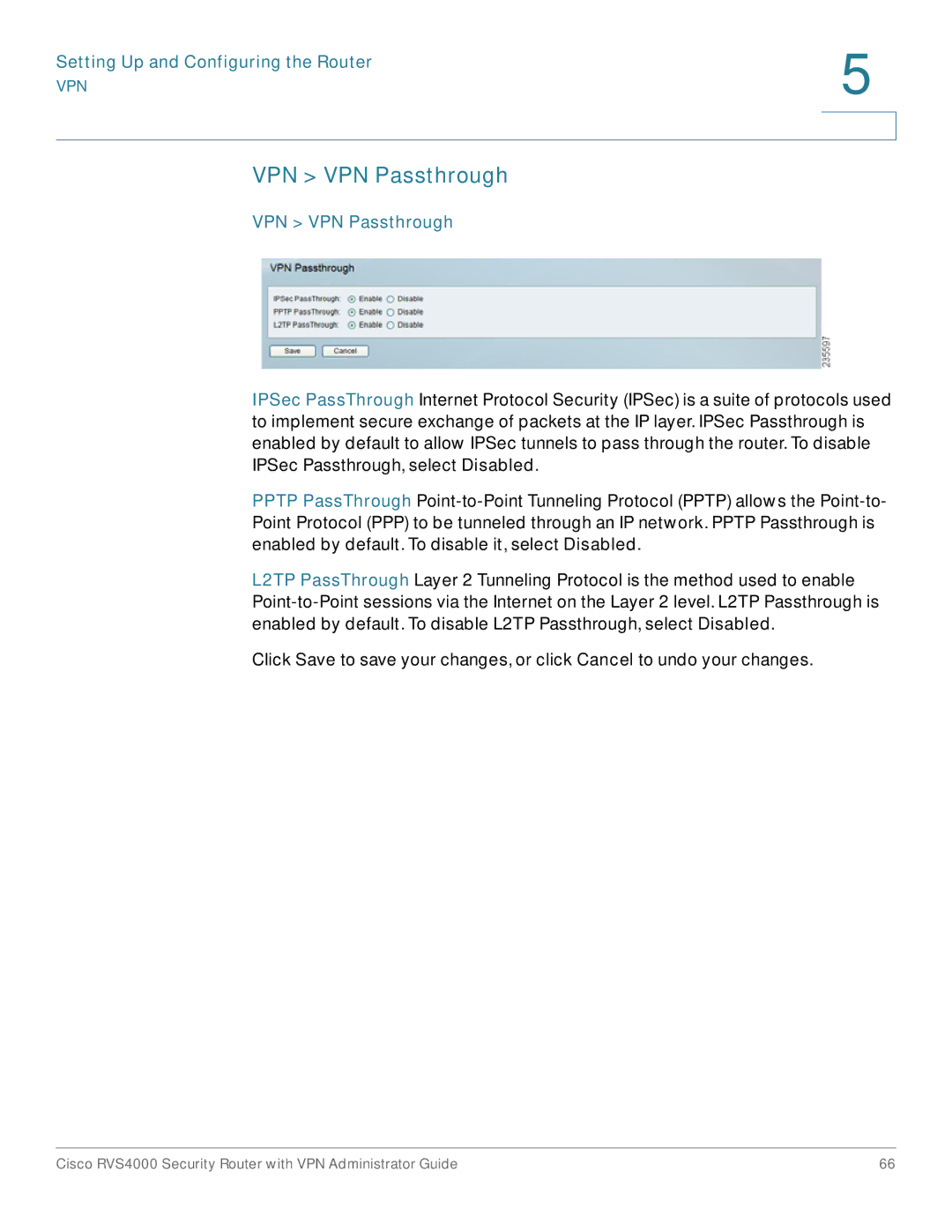 Cisco Systems RVS4000RF manual VPN VPN Passthrough 