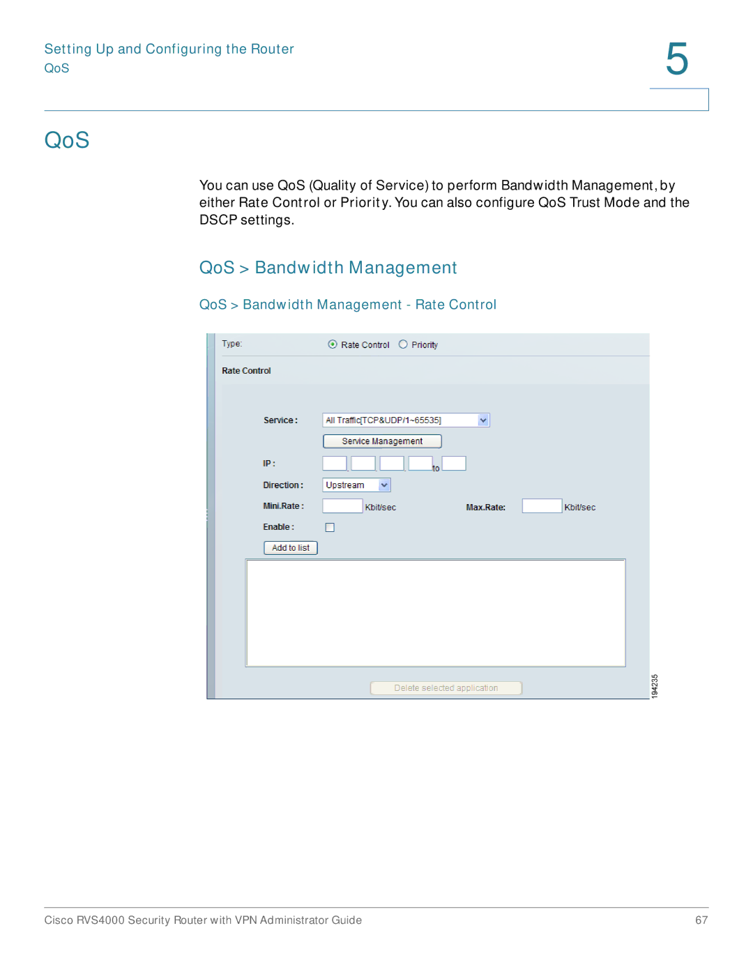 Cisco Systems RVS4000RF manual QoS Bandwidth Management Rate Control 