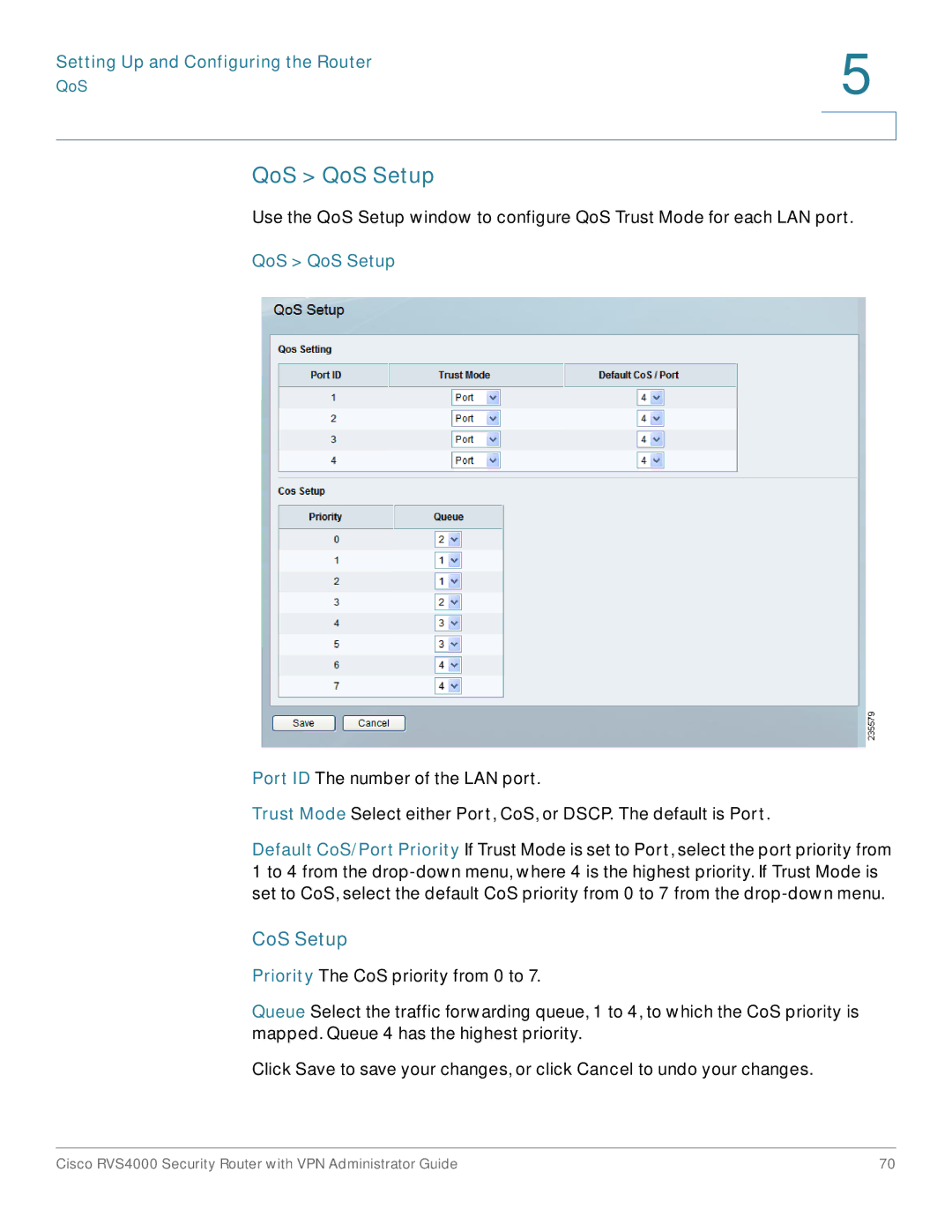 Cisco Systems RVS4000RF manual QoS QoS Setup, CoS Setup 