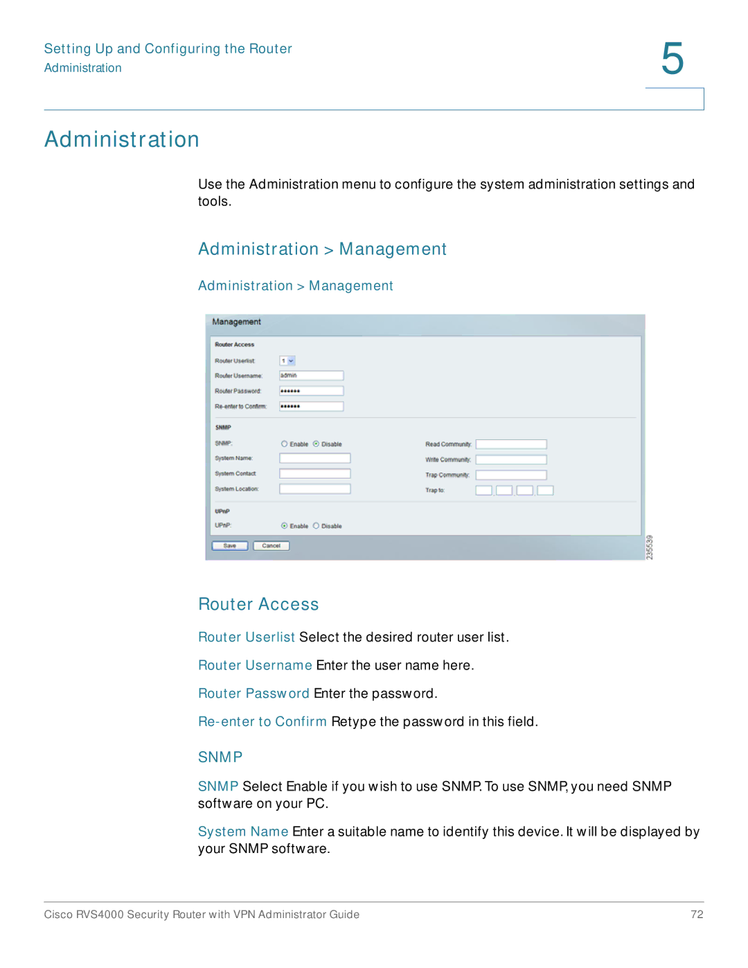 Cisco Systems RVS4000RF manual Administration Management, Router Access 