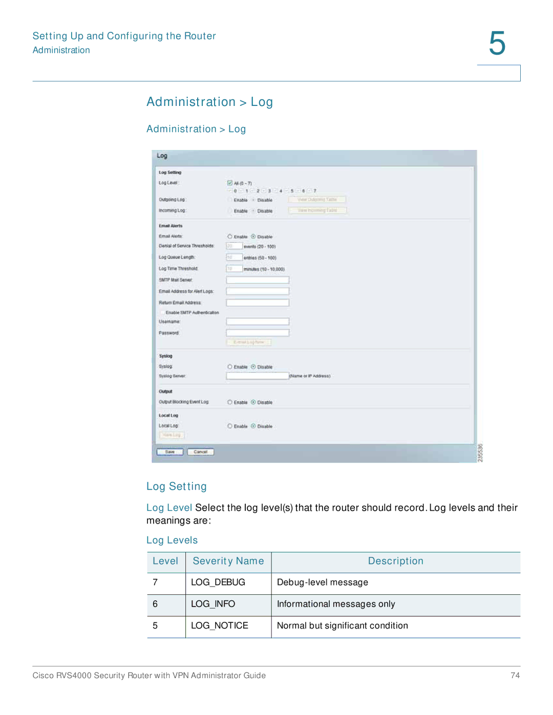 Cisco Systems RVS4000RF manual Administration Log, Log Setting, Log Levels Severity Name Description 