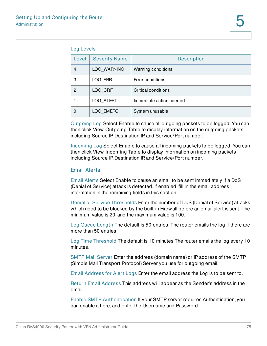 Cisco Systems RVS4000RF manual Email Alerts 