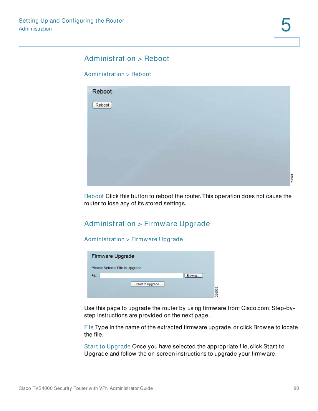 Cisco Systems RVS4000RF manual Administration Reboot, Administration Firmware Upgrade 