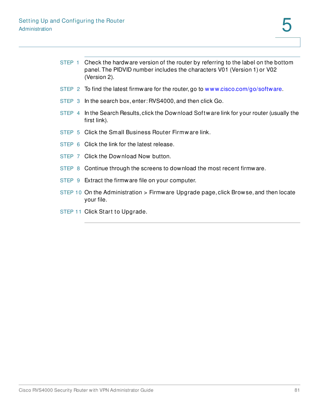 Cisco Systems RVS4000RF manual Click the Small Business Router Firmware link, Click Start to Upgrade 