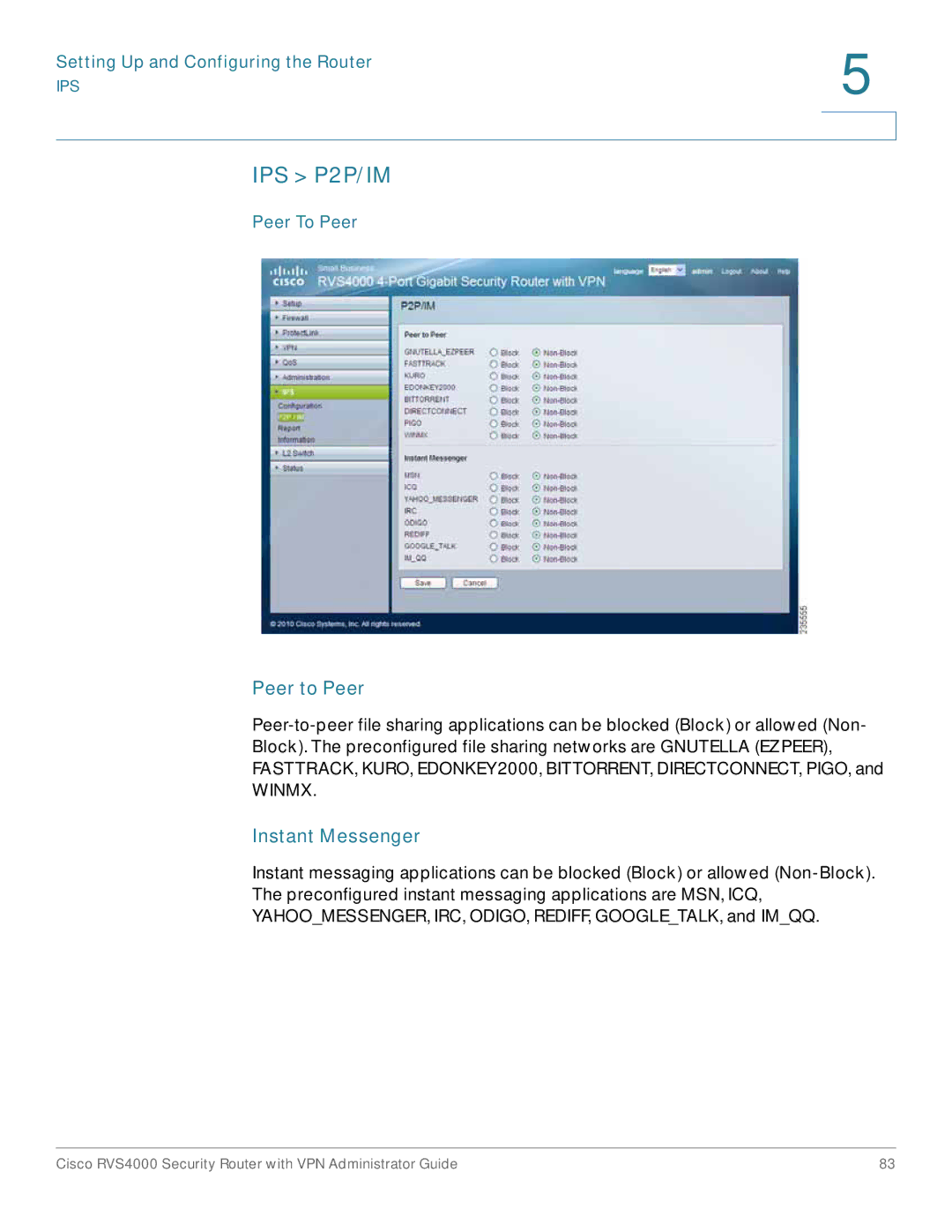 Cisco Systems RVS4000RF manual Peer to Peer, Instant Messenger, Peer To Peer 