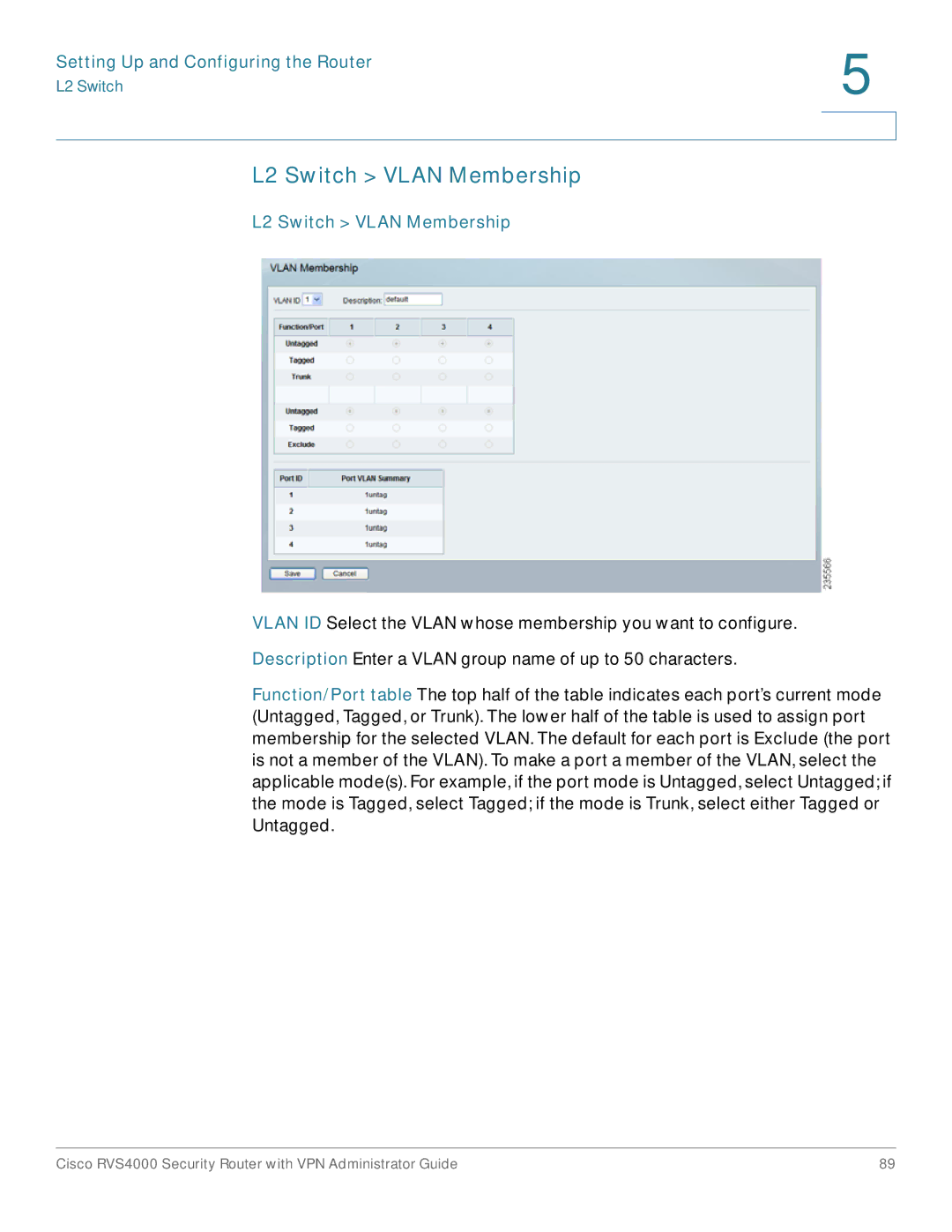 Cisco Systems RVS4000RF manual L2 Switch Vlan Membership 