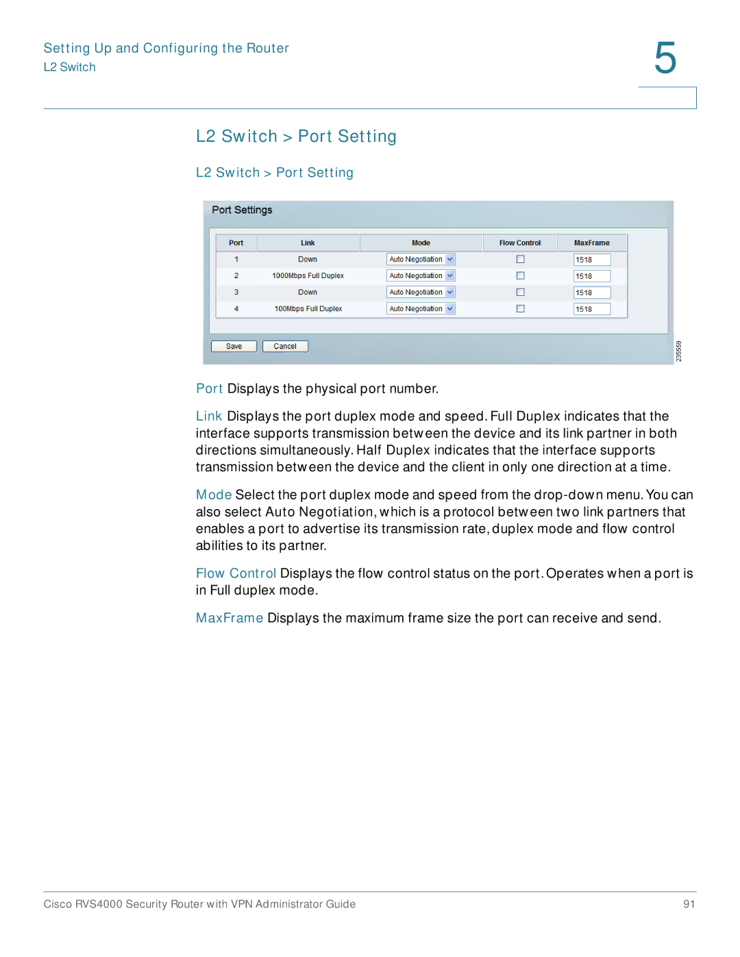 Cisco Systems RVS4000RF manual L2 Switch Port Setting 