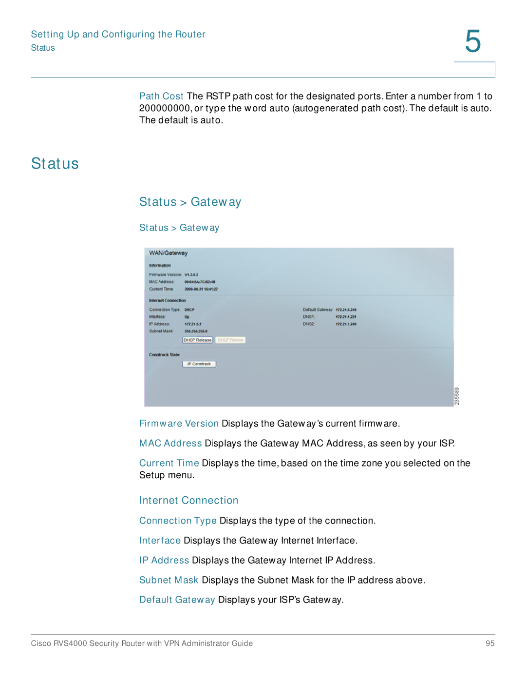 Cisco Systems RVS4000RF manual Status Gateway, Internet Connection 