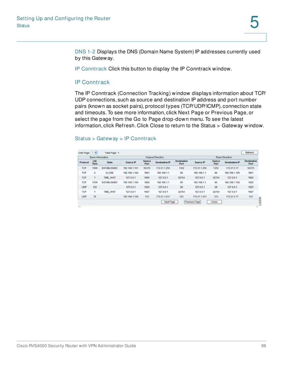 Cisco Systems RVS4000RF manual Status Gateway IP Conntrack 