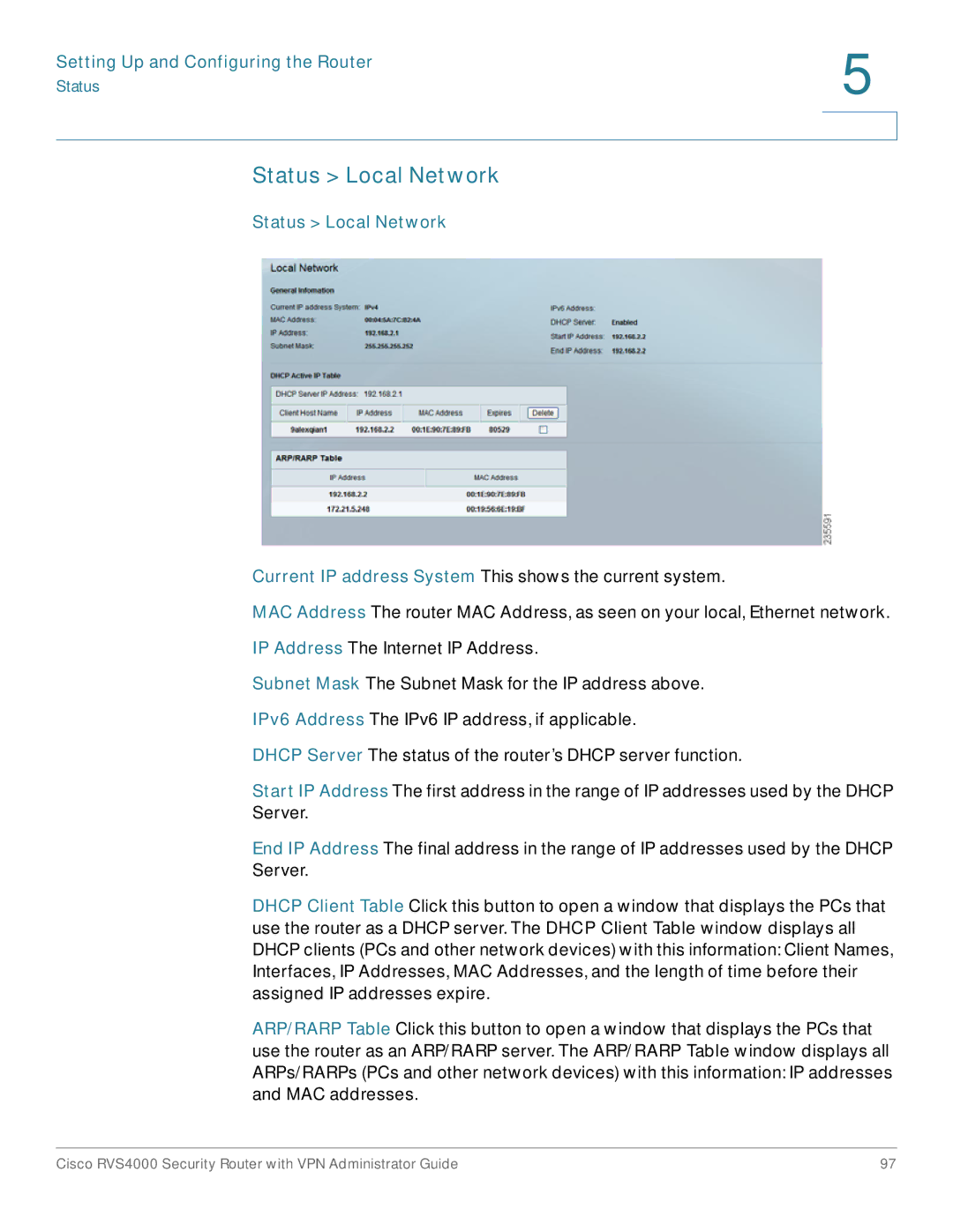 Cisco Systems RVS4000RF manual Status Local Network 