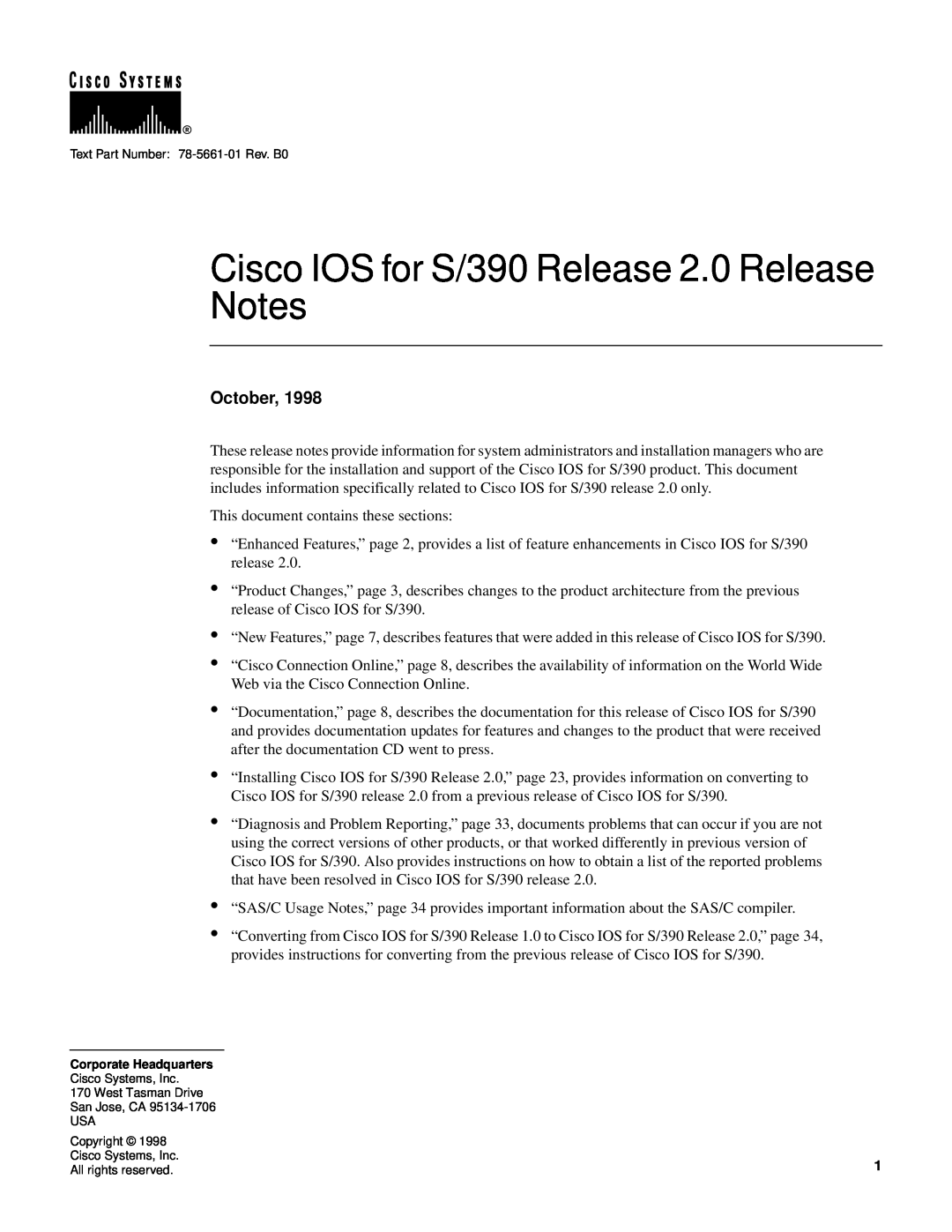 Cisco Systems manual Cisco IOS for S/390 Release 2.0 Release Notes, October 