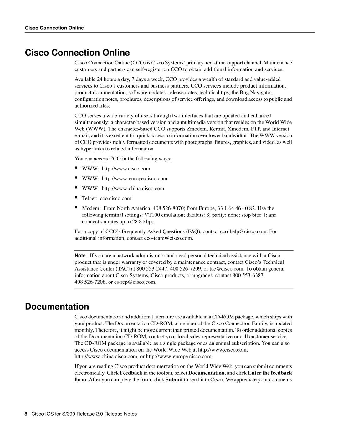 Cisco Systems S/390 manual Cisco Connection Online, Documentation 