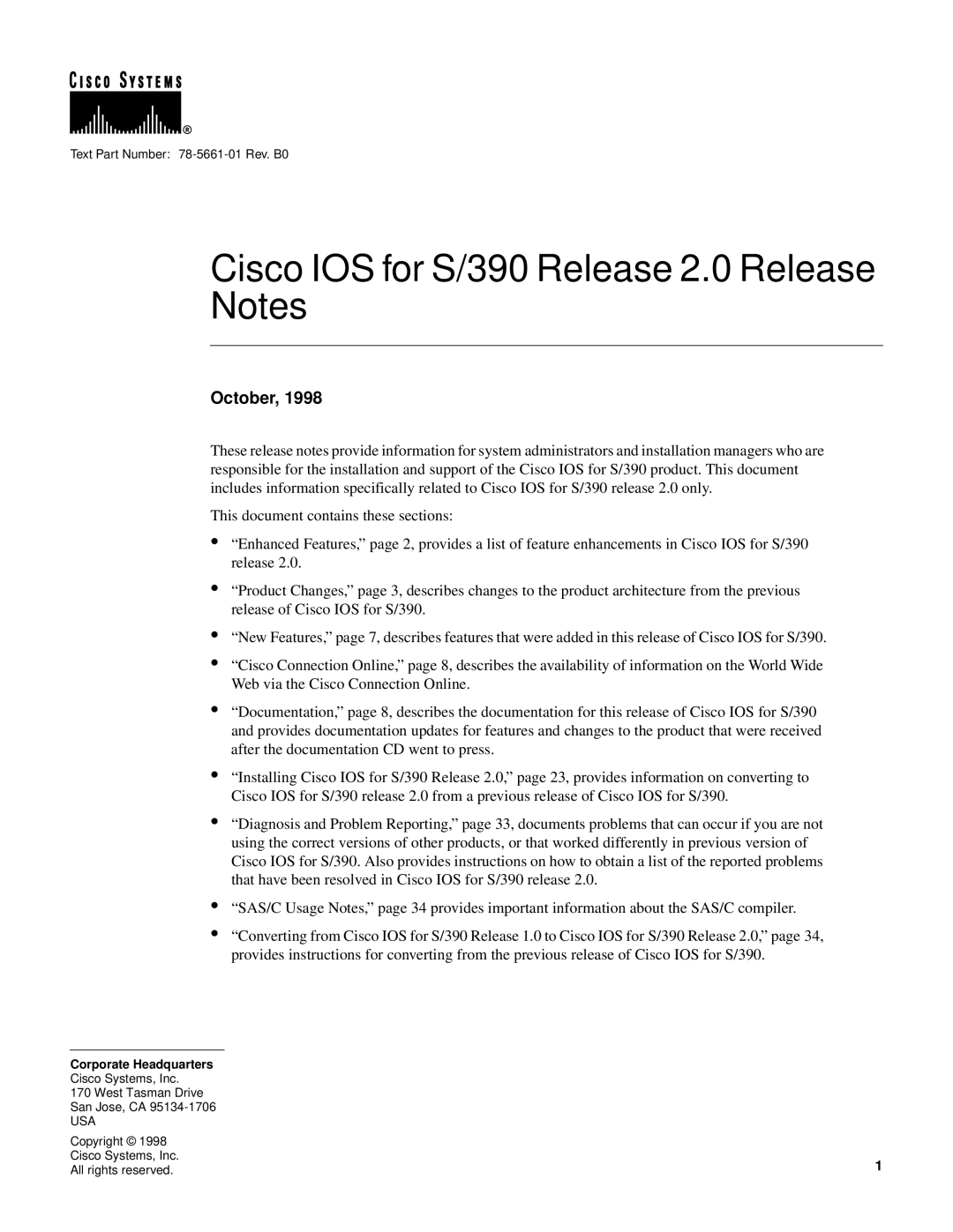 Cisco Systems manual Cisco IOS for S/390 Release 2.0 Release Notes 