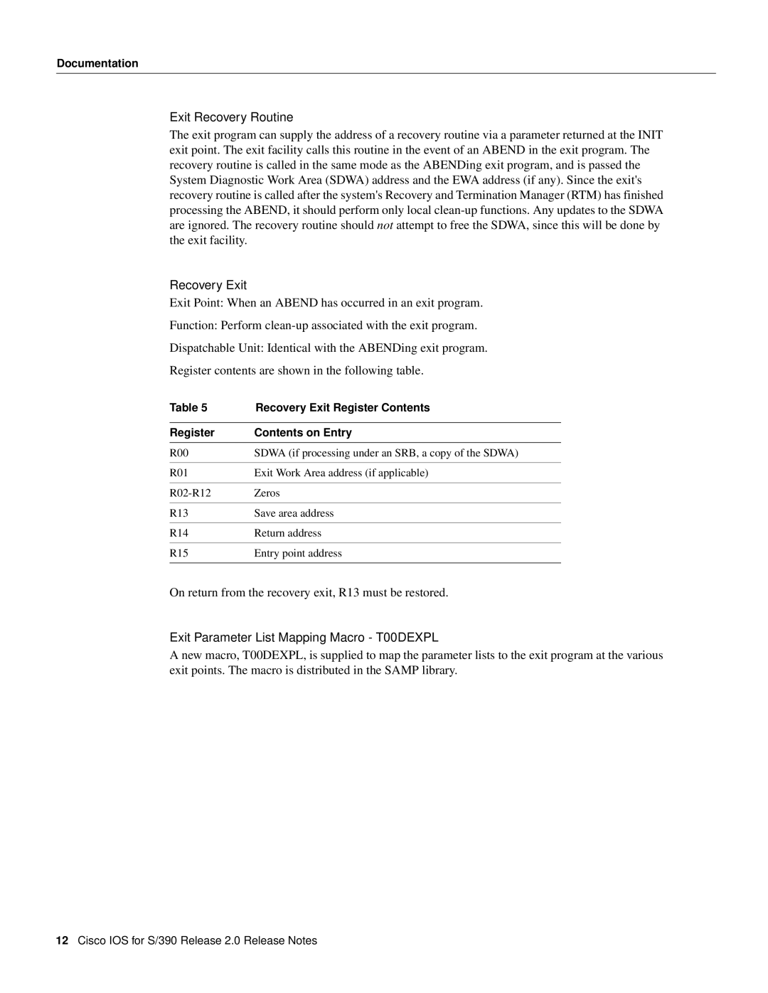 Cisco Systems S/390 manual Exit Recovery Routine, Recovery Exit, Exit Parameter List Mapping Macro T00DEXPL 