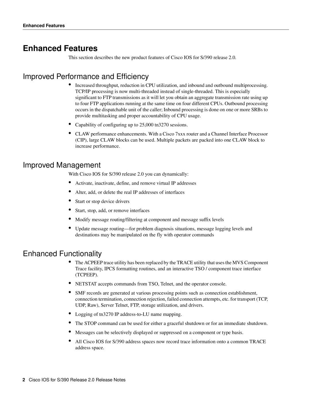 Cisco Systems S/390 Enhanced Features, Improved Performance and Efficiency, Improved Management, Enhanced Functionality 