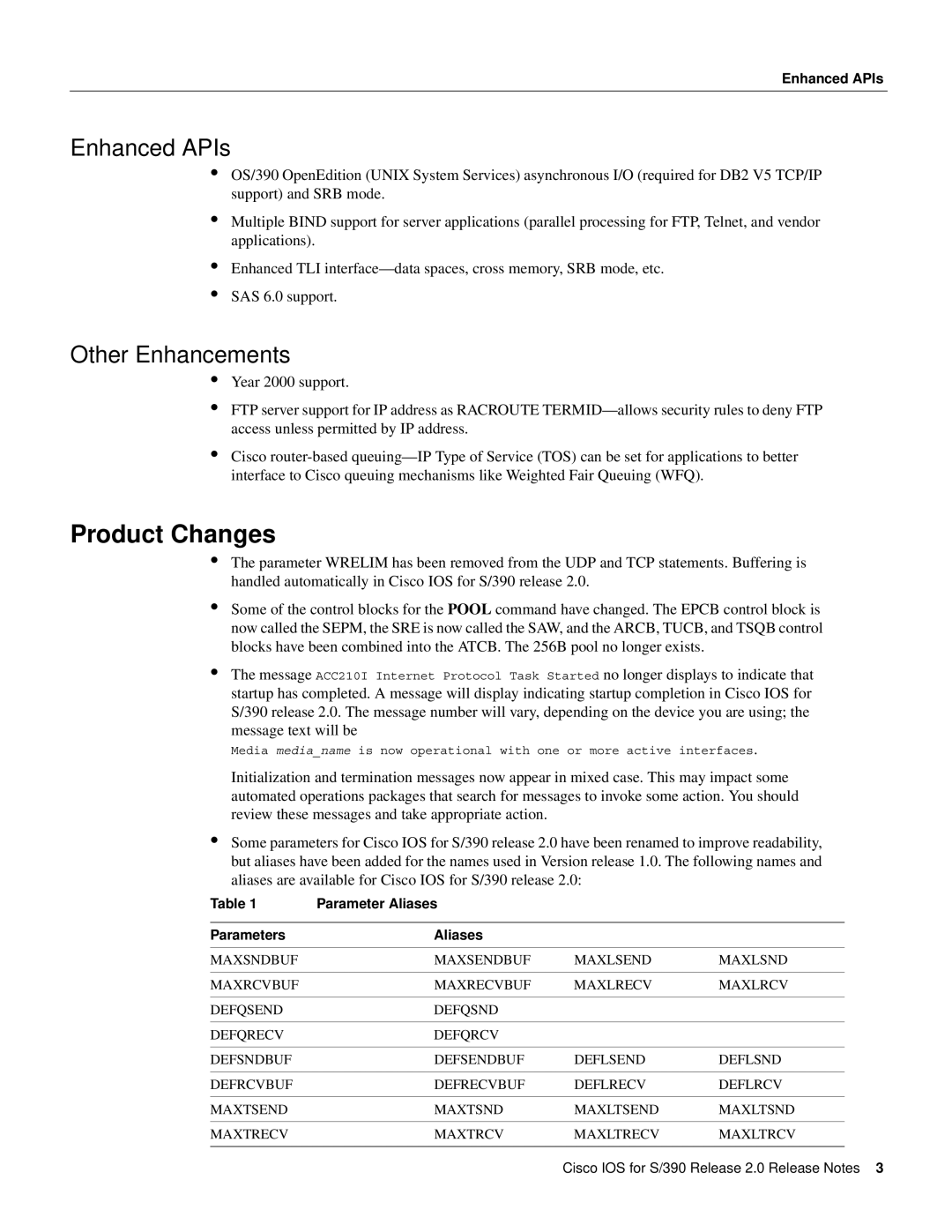 Cisco Systems S/390 manual Product Changes, Enhanced APIs, Other Enhancements, Parameter Aliases Parameters 