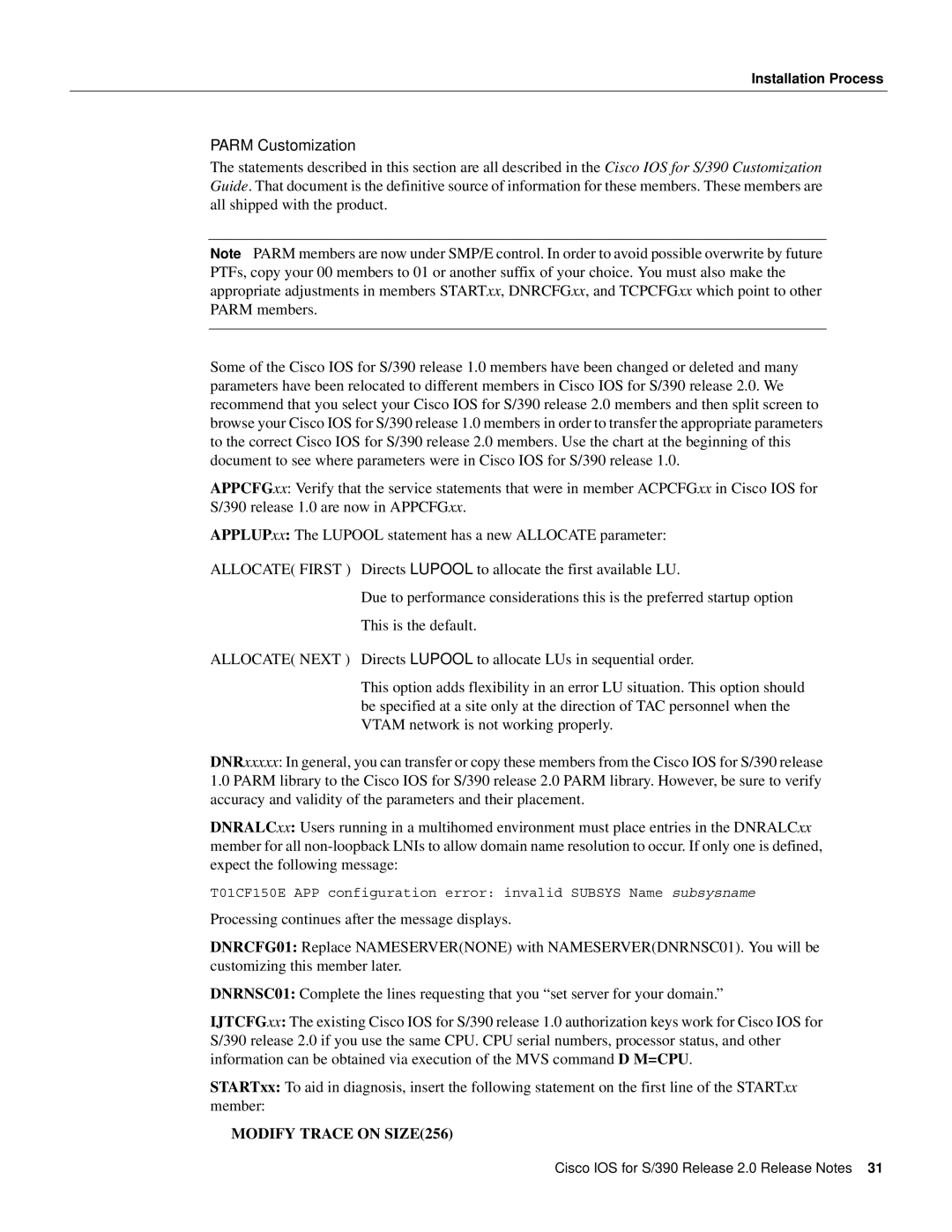 Cisco Systems S/390 manual Parm Customization, Modify Trace on SIZE256 