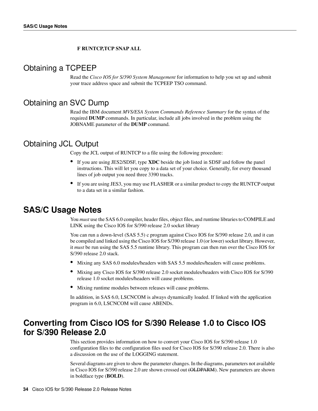 Cisco Systems S/390 manual SAS/C Usage Notes, Obtaining a Tcpeep, Obtaining an SVC Dump, Obtaining JCL Output 