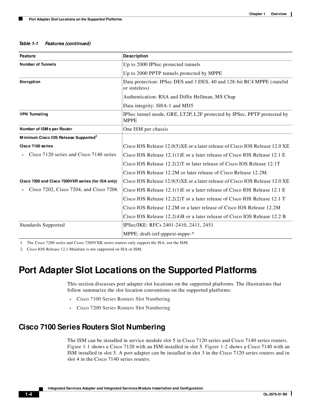 Cisco Systems SA-ISA Port Adapter Slot Locations on the Supported Platforms, Cisco 7100 Series Routers Slot Numbering 