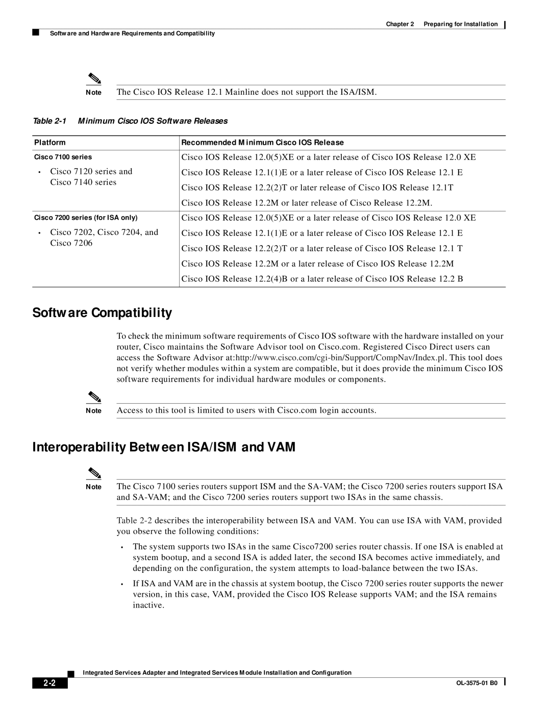 Cisco Systems SA-ISA, SM-ISM manual Platform Recommended Minimum Cisco IOS Release 