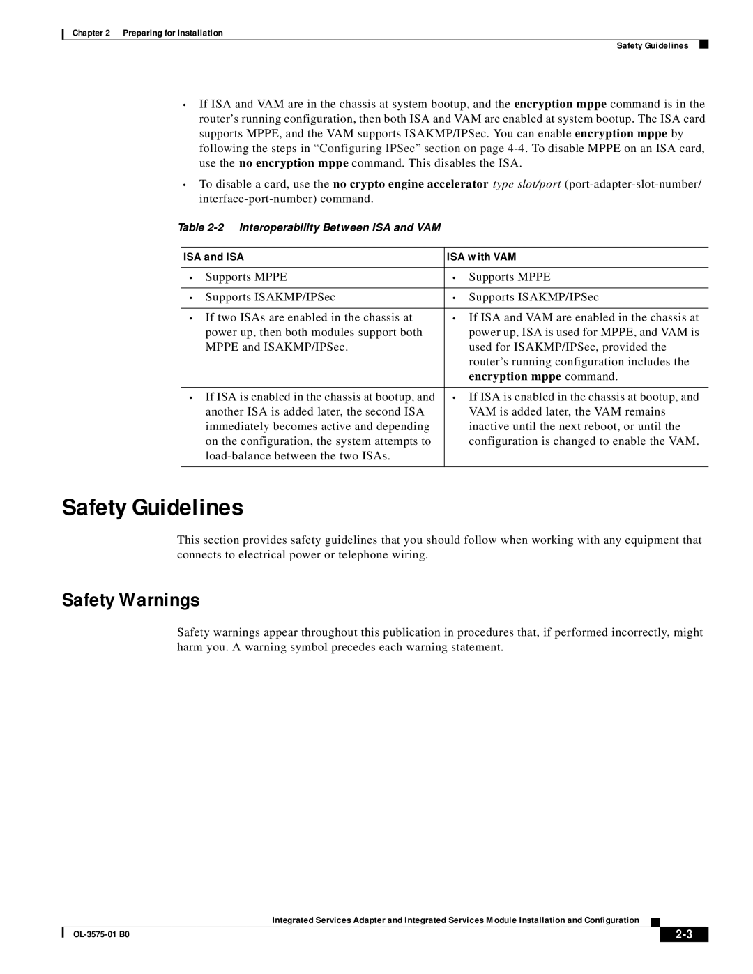 Cisco Systems SM-ISM, SA-ISA manual Safety Guidelines, Safety Warnings, ISA and ISA ISA with VAM, Encryption mppe command 