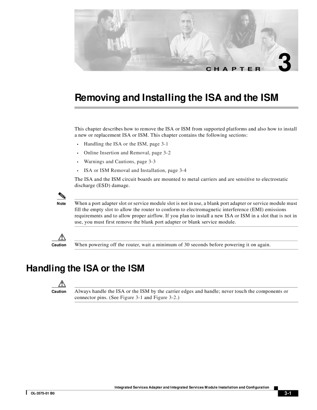 Cisco Systems SM-ISM, SA-ISA manual Removing and Installing the ISA and the ISM, Handling the ISA or the ISM 