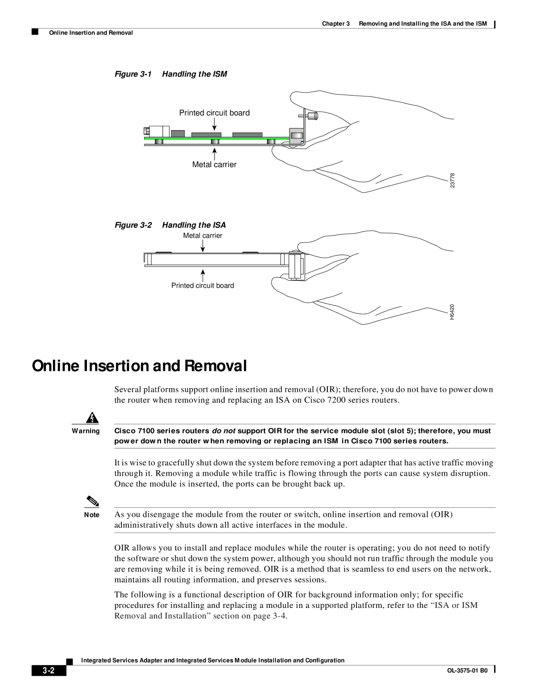 Cisco Systems SA-ISA, SM-ISM manual Online Insertion and Removal, Handling the ISM 