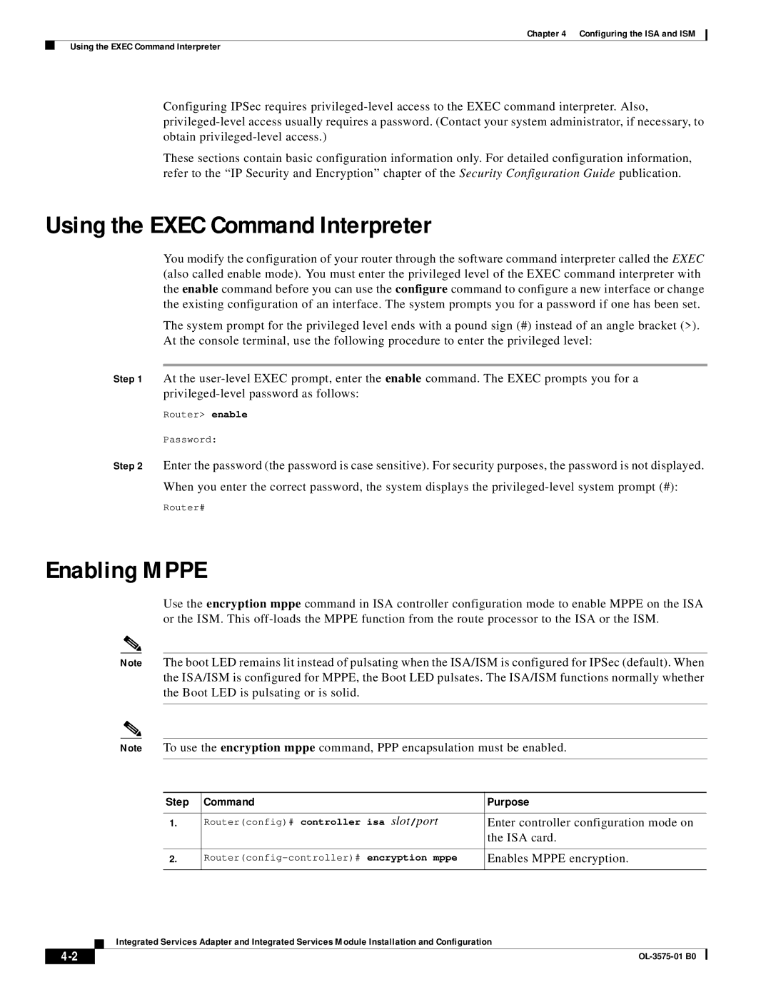 Cisco Systems SA-ISA Using the Exec Command Interpreter, Enabling Mppe, Enter controller configuration mode on, ISA card 