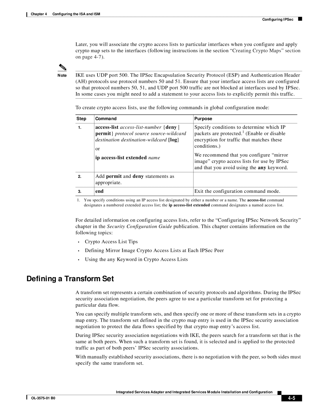 Cisco Systems SM-ISM, SA-ISA manual Defining a Transform Set 