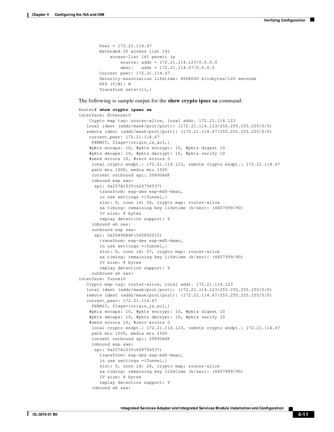 Cisco Systems SM-ISM, SA-ISA manual Router# show crypto ipsec sa interface Ethernet0 