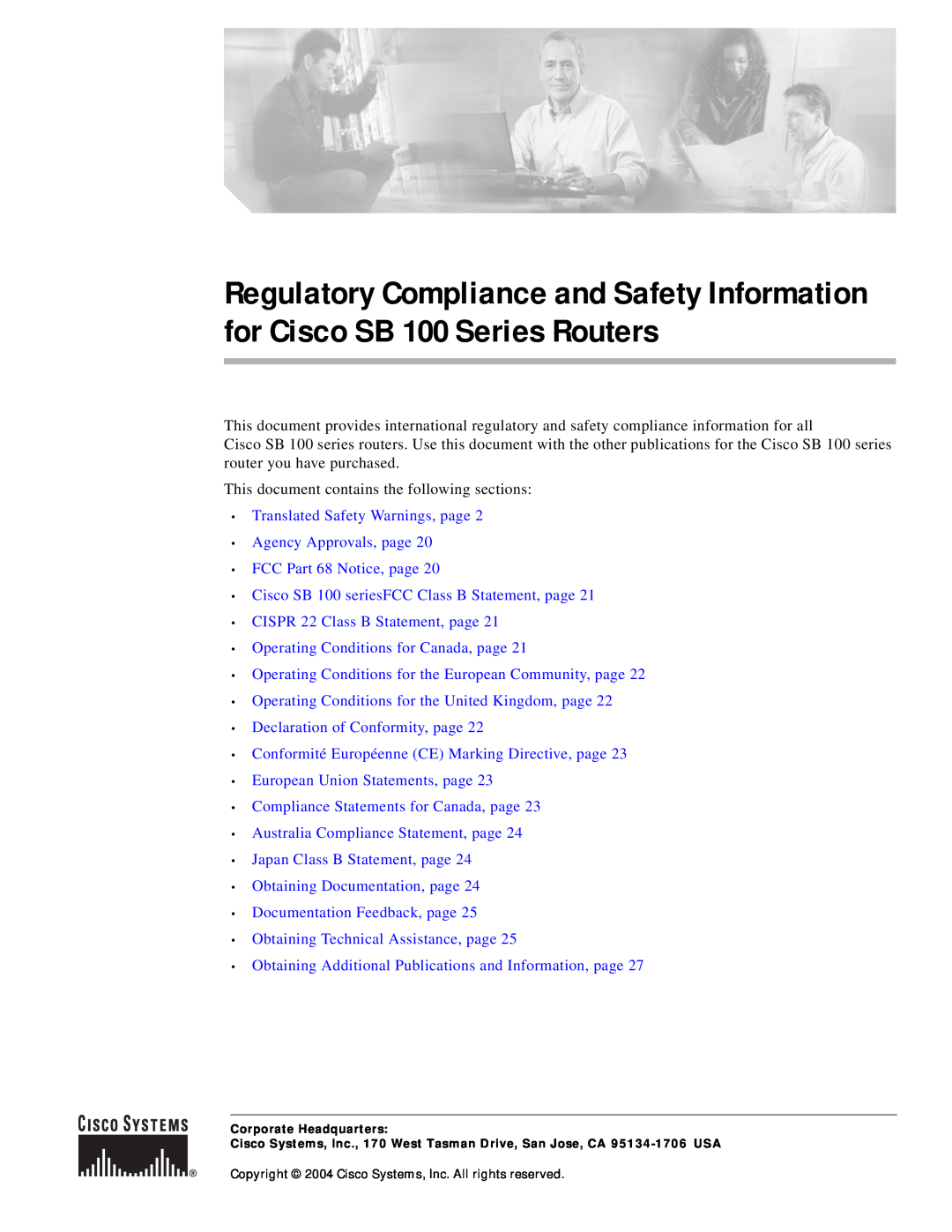 Cisco Systems SB 100 Series manual This document contains the following sections 