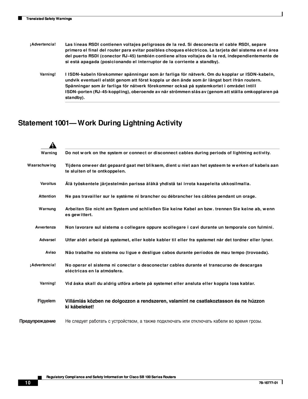 Cisco Systems SB 100 Series manual Statement 1001-Work During Lightning Activity 