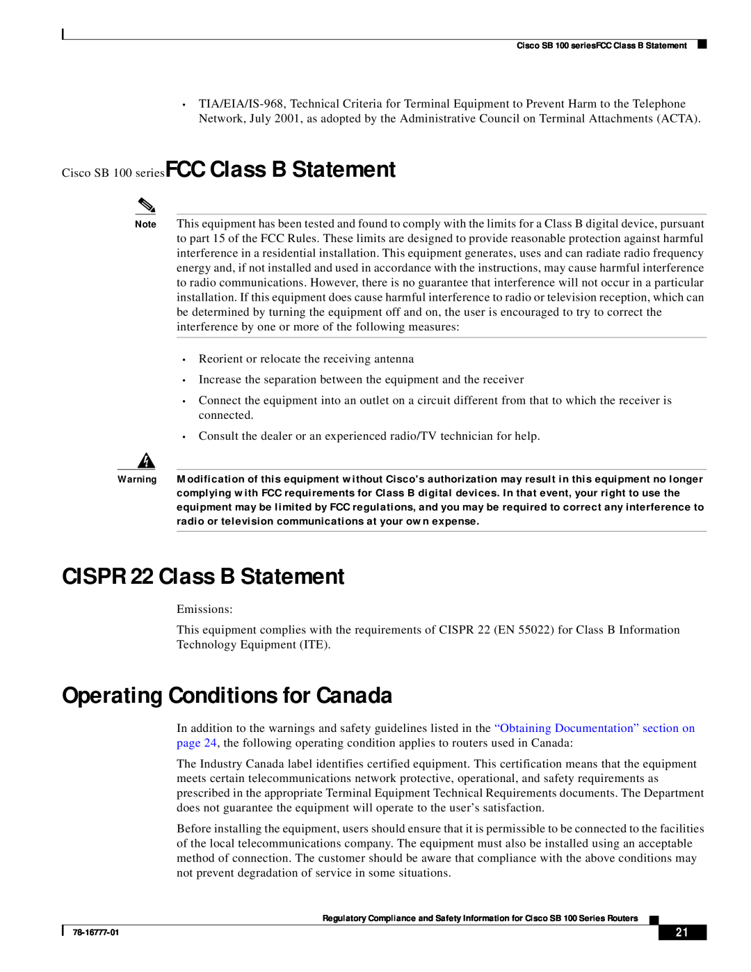 Cisco Systems SB 100 Series manual Cisco SB 100 seriesFCC Class B Statement, CISPR 22 Class B Statement 