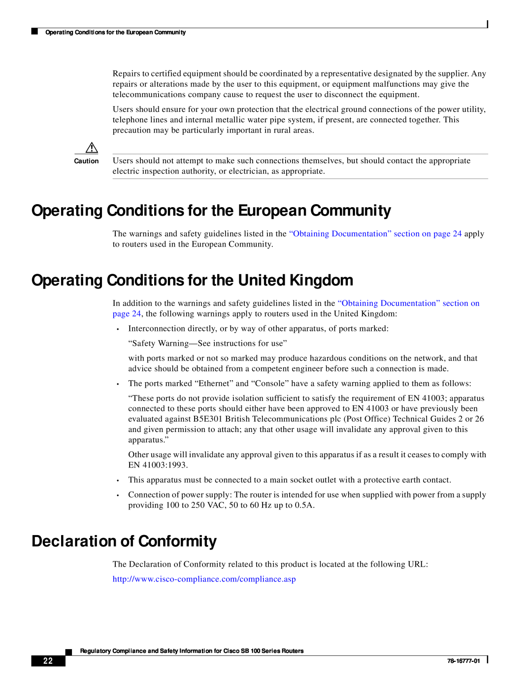 Cisco Systems SB 100 Series Operating Conditions for the European Community, Operating Conditions for the United Kingdom 
