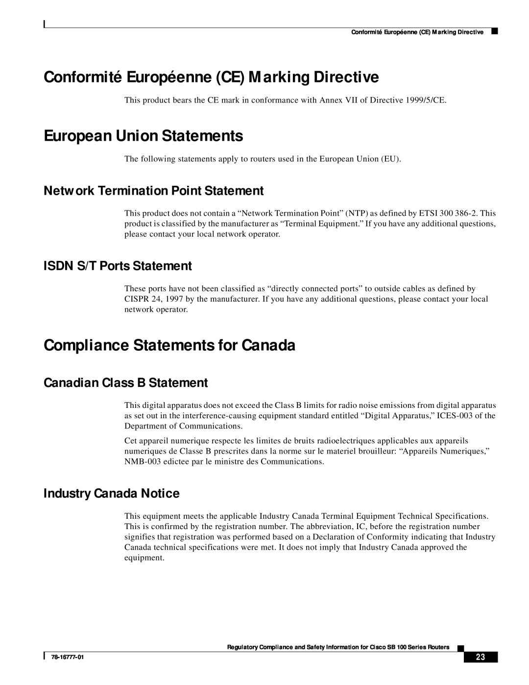Cisco Systems SB 100 Series Conformité Européenne CE Marking Directive, European Union Statements, Industry Canada Notice 