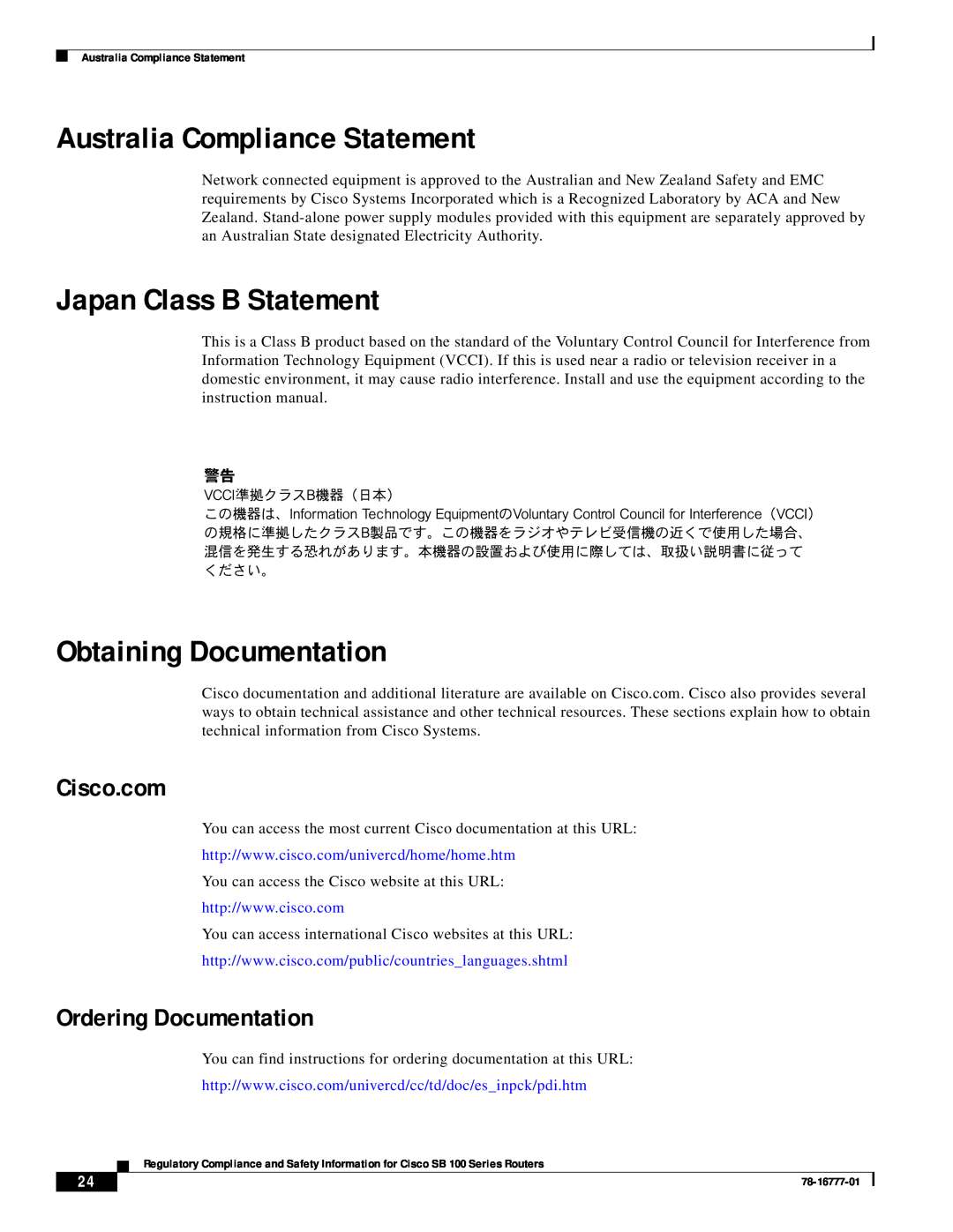 Cisco Systems SB 100 Series Australia Compliance Statement, Japan Class B Statement, Obtaining Documentation, Cisco.com 