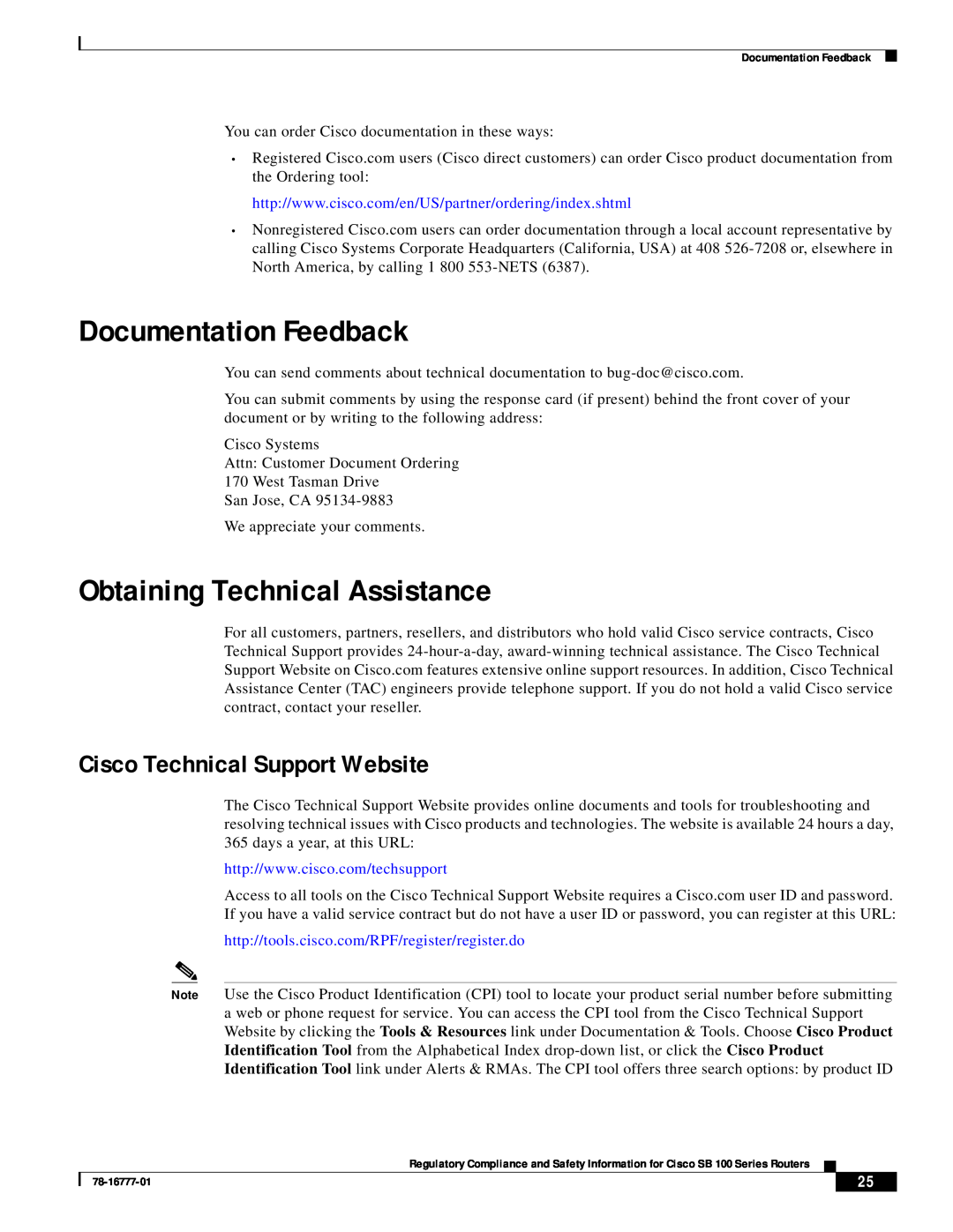 Cisco Systems SB 100 Series manual Documentation Feedback, Obtaining Technical Assistance, Cisco Technical Support Website 