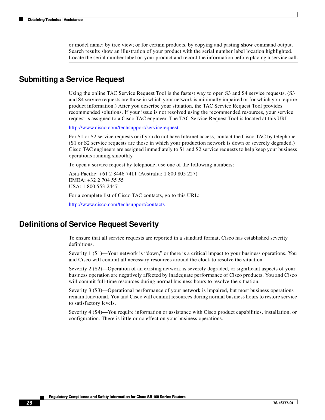 Cisco Systems SB 100 Series manual Submitting a Service Request, Definitions of Service Request Severity 