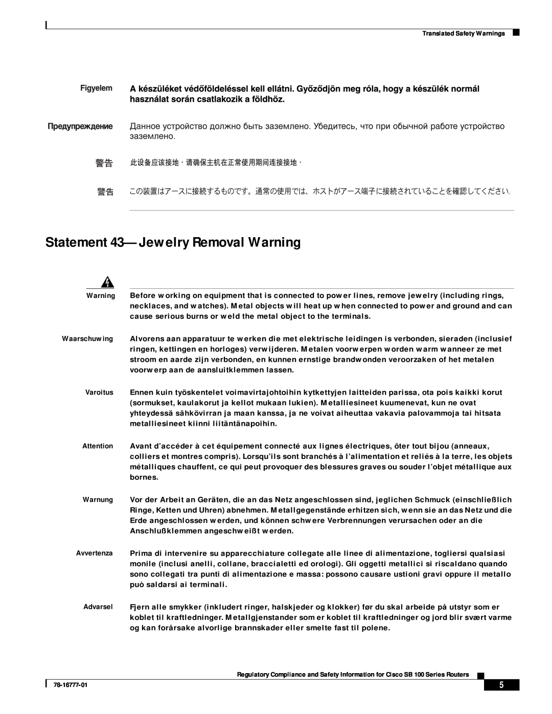 Cisco Systems SB 100 Series manual Statement 43-Jewelry Removal Warning 